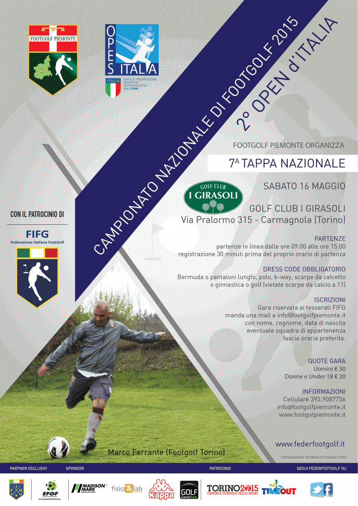 Locandina 2 Open d'Italia Footgolf Piemonte a Carmagnola sabato 16 maggio 2015 Marco Ferrante