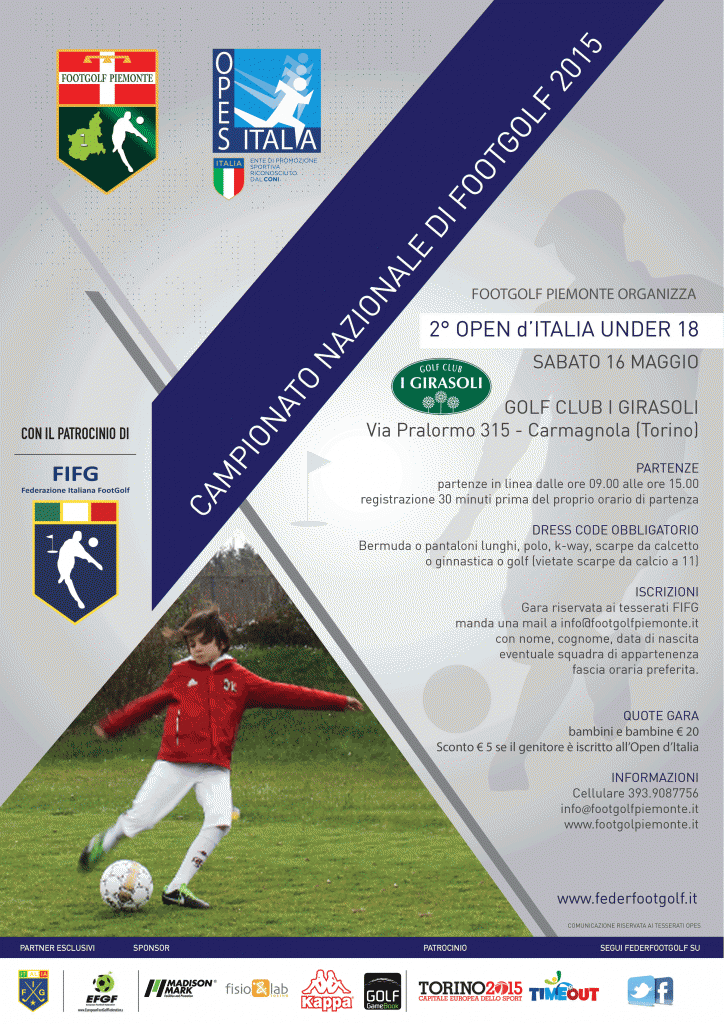 Locandina 2 Open d'Italia Footgolf Piemonte a Carmagnola sabato 16 maggio 2015 Under18